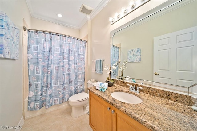 full bathroom with shower / bathtub combination with curtain, tile patterned flooring, toilet, crown molding, and vanity