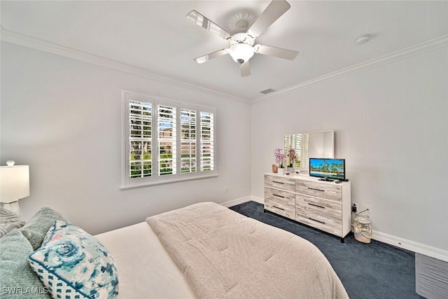 carpeted bedroom featuring ceiling fan and crown molding