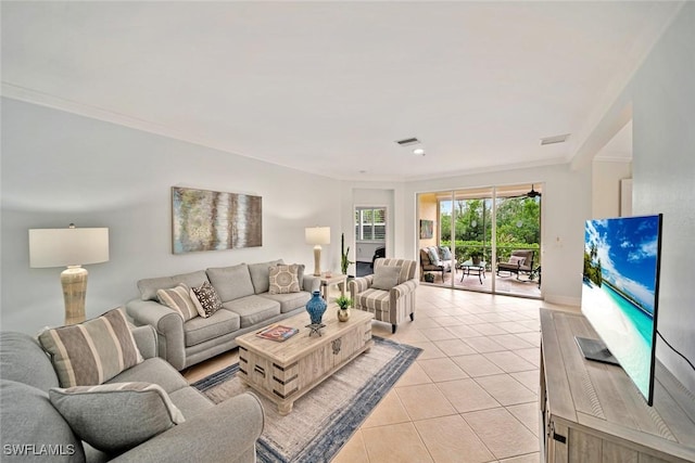 tiled living room with crown molding