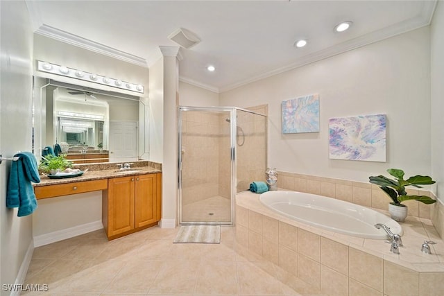 bathroom with vanity, tile patterned flooring, ornamental molding, and plus walk in shower