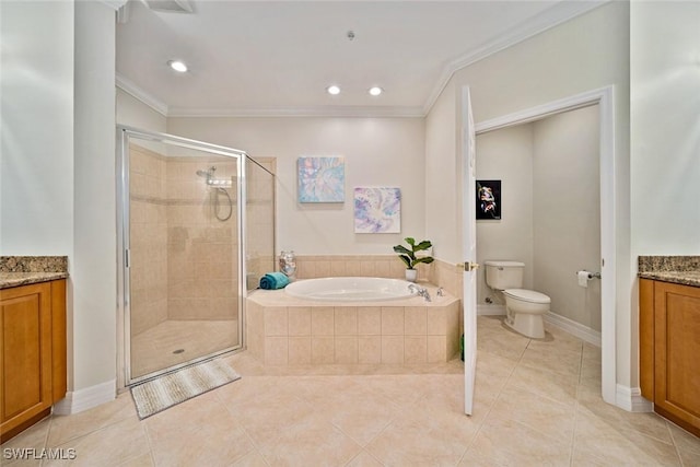 full bathroom featuring ornamental molding, toilet, tile patterned floors, independent shower and bath, and vanity