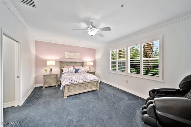 bedroom featuring ceiling fan, crown molding, and dark carpet