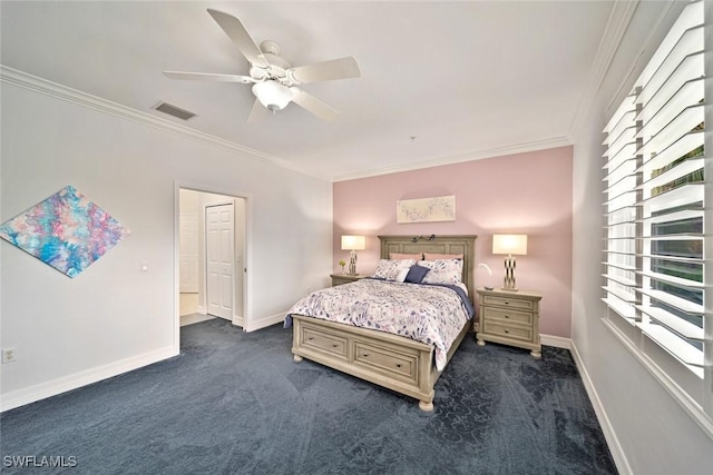 bedroom featuring ornamental molding, ceiling fan, and dark carpet