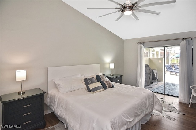 bedroom featuring ceiling fan, access to exterior, lofted ceiling, and dark hardwood / wood-style floors