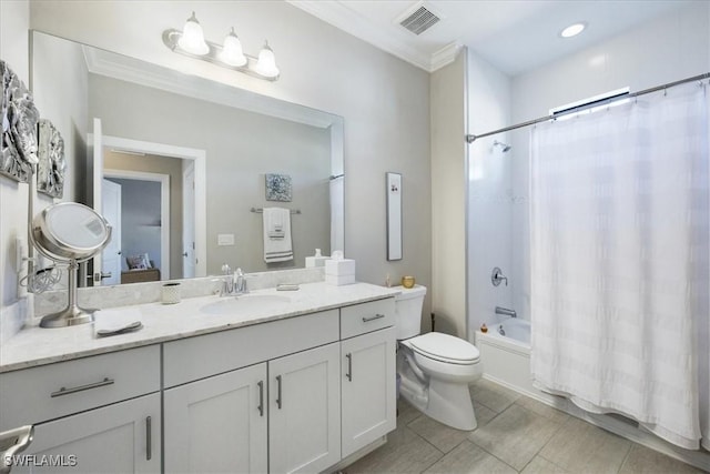 full bathroom with vanity, ornamental molding, toilet, and shower / bath combo with shower curtain