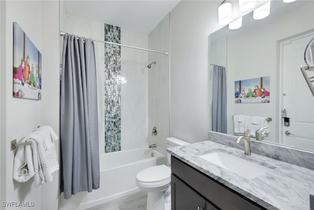 full bathroom featuring toilet, shower / bath combination with curtain, and vanity