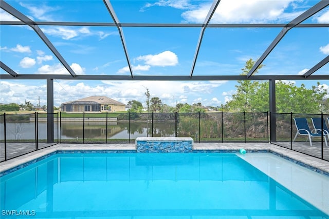 view of pool featuring a lanai and a water view