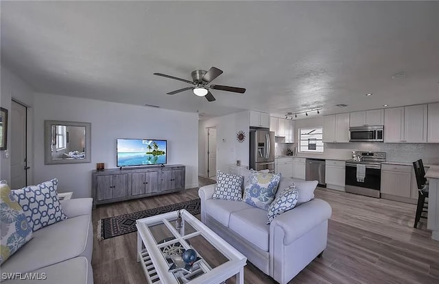 living room featuring light wood-type flooring and ceiling fan