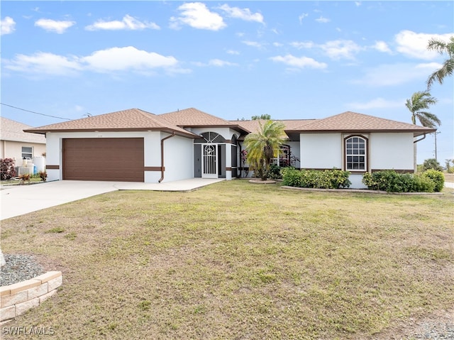 ranch-style house with a front yard and a garage