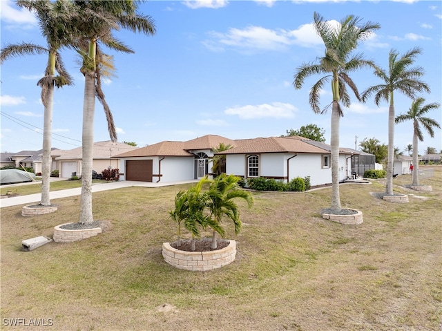 ranch-style house with a front lawn and a garage