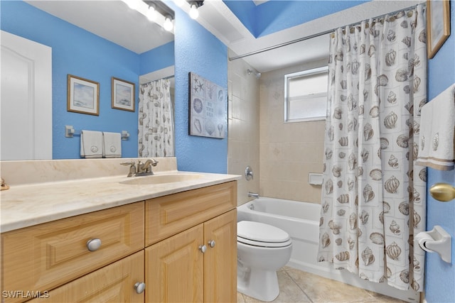 full bathroom featuring toilet, vanity, shower / tub combo, and tile patterned flooring