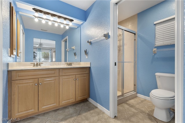 bathroom with vanity, ceiling fan, toilet, and walk in shower