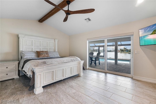 bedroom featuring ceiling fan, access to exterior, and vaulted ceiling with beams