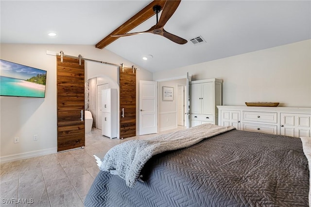 bedroom featuring a barn door, vaulted ceiling with beams, and ceiling fan