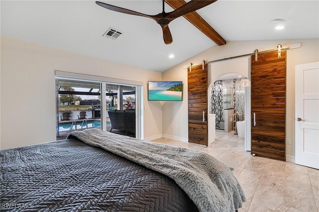 bedroom featuring vaulted ceiling with beams, ceiling fan, a barn door, and access to outside