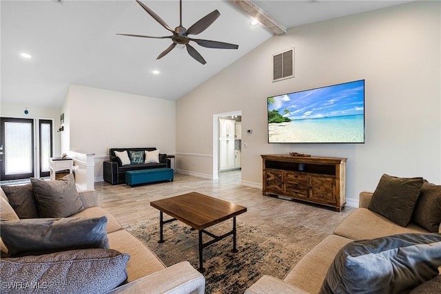 living room featuring ceiling fan, high vaulted ceiling, and beam ceiling