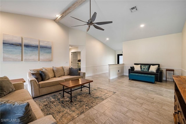 living room with beamed ceiling, ceiling fan, high vaulted ceiling, and light hardwood / wood-style flooring