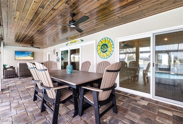 dining area with wood ceiling and ceiling fan