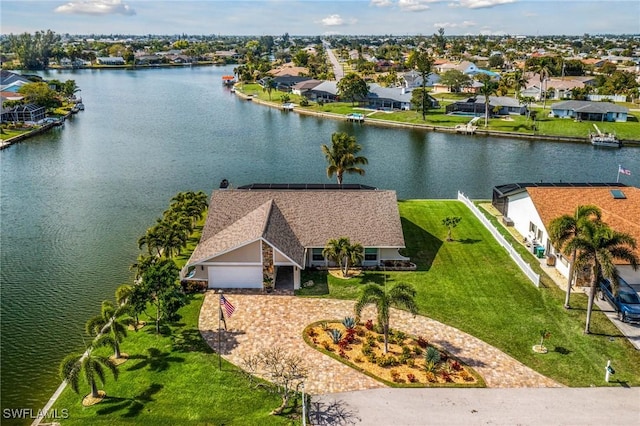 aerial view featuring a water view