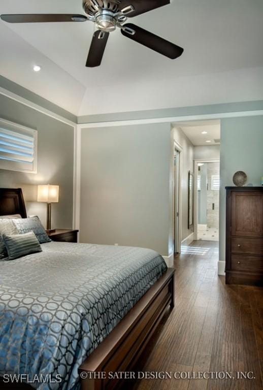 bedroom with hardwood / wood-style flooring, ensuite bathroom, and ceiling fan