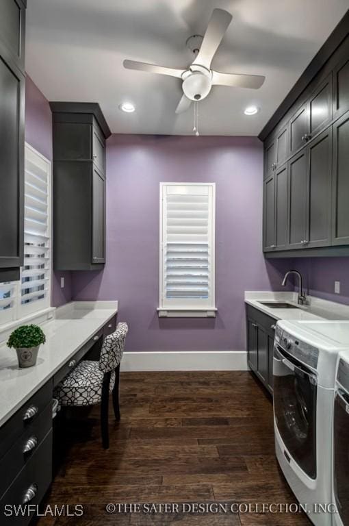 clothes washing area featuring washer and dryer, cabinets, dark hardwood / wood-style flooring, sink, and ceiling fan