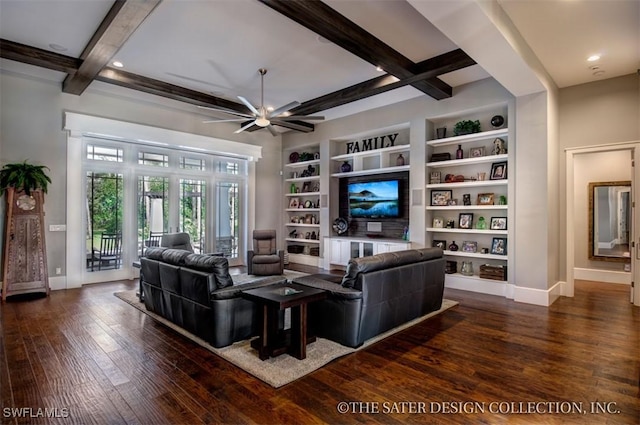 living room featuring dark hardwood / wood-style floors, built in features, and beamed ceiling