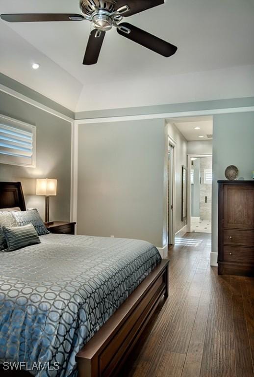 bedroom with ensuite bath, baseboards, ceiling fan, and wood finished floors