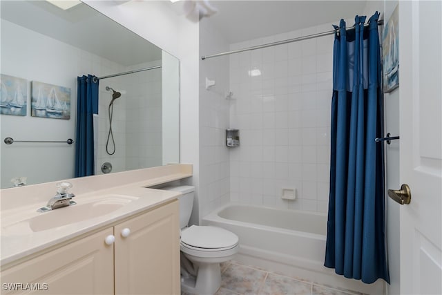 full bathroom with toilet, vanity, tile patterned floors, and shower / bath combination with curtain