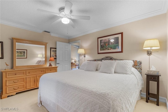 bedroom featuring a ceiling fan, light carpet, visible vents, and ornamental molding