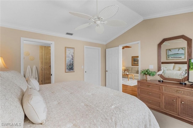 bedroom featuring lofted ceiling, ceiling fan, ornamental molding, and visible vents