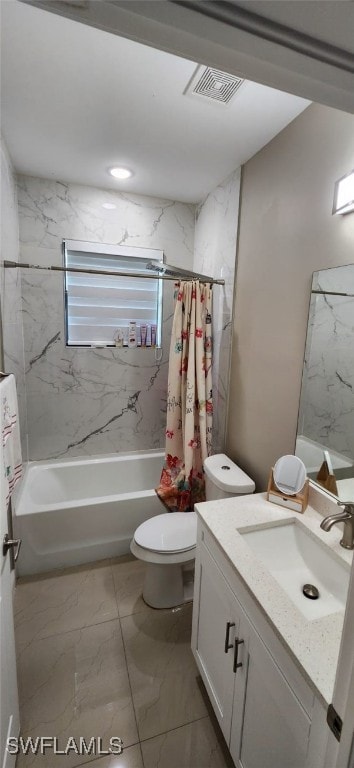 full bathroom with toilet, vanity, and shower / bath combo