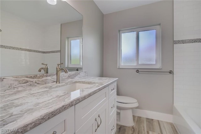 bathroom with vanity, toilet, and hardwood / wood-style floors