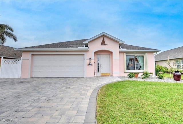 single story home with a garage and a front lawn