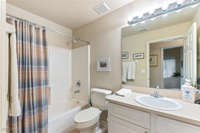 full bathroom with toilet, vanity, and shower / bathtub combination with curtain