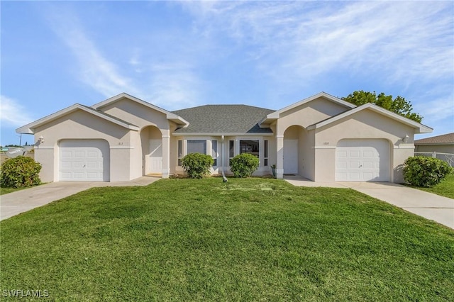 ranch-style home with a front lawn and a garage