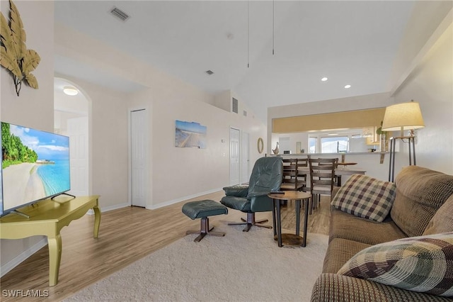 living room with lofted ceiling and light wood-type flooring