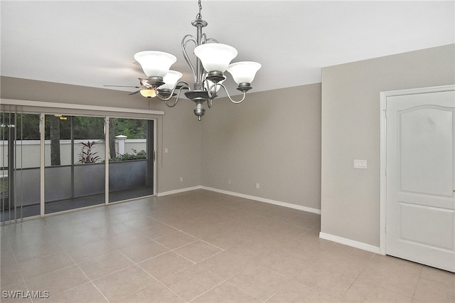 spare room with light tile patterned floors, baseboards, and ceiling fan with notable chandelier