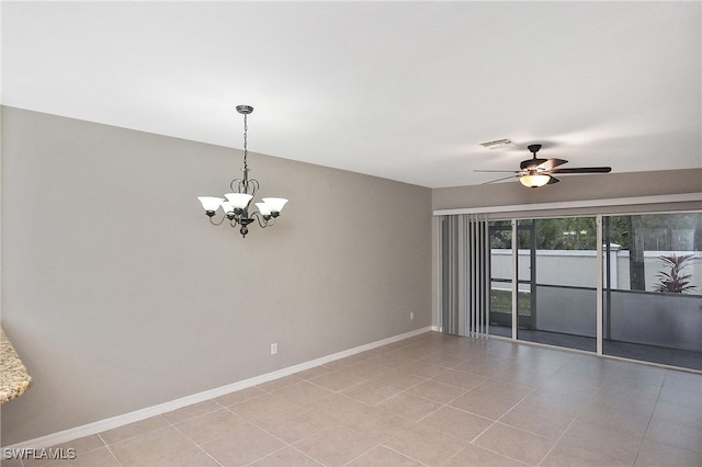 8681 Athena Ct, Lehigh Acres, FL 33971 - unfurnished room with a chandelier, ceiling fan, baseboards, and light tile patterned flooring