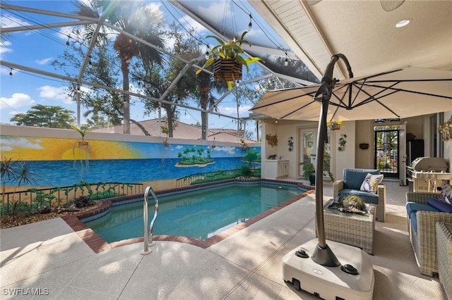 view of swimming pool with a lanai, an outdoor hangout area, and a patio