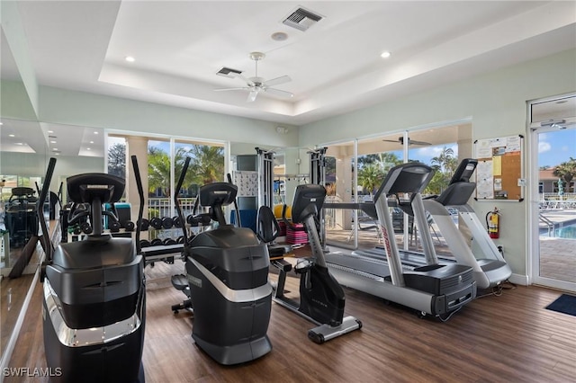 workout area with ceiling fan, dark hardwood / wood-style flooring, and a tray ceiling