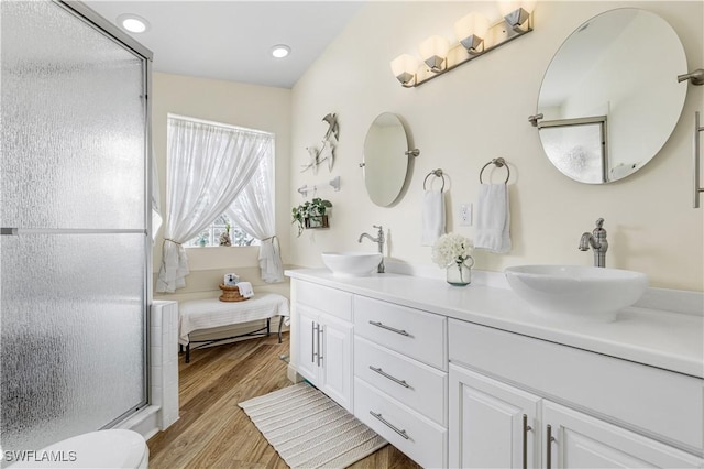 bathroom with hardwood / wood-style flooring, an enclosed shower, and vanity