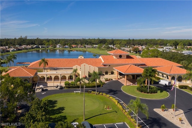 drone / aerial view featuring a water view