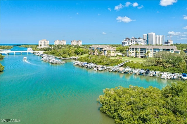 drone / aerial view featuring a water view