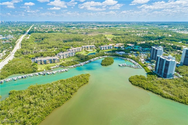 drone / aerial view featuring a water view