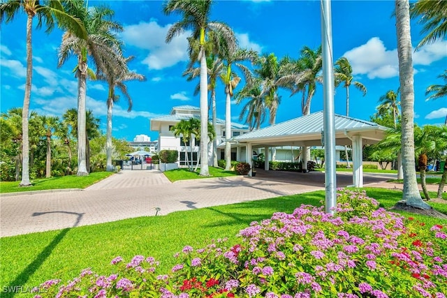 view of property's community with a lawn and a carport