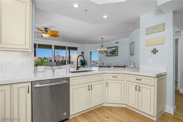 kitchen with decorative backsplash, sink, dishwasher, and cream cabinets