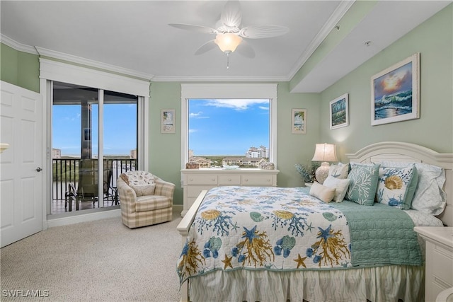 bedroom featuring carpet flooring, access to exterior, ceiling fan, and ornamental molding