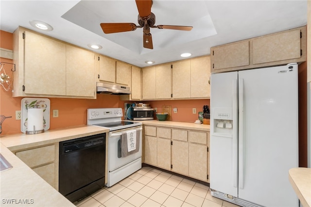 kitchen featuring ceiling fan, white appliances, a raised ceiling, and light tile patterned floors