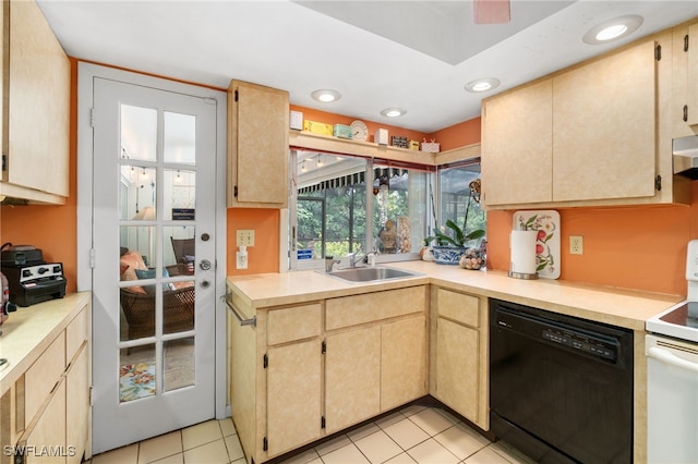 kitchen featuring sink, dishwasher, electric range, light tile patterned flooring, and light brown cabinets