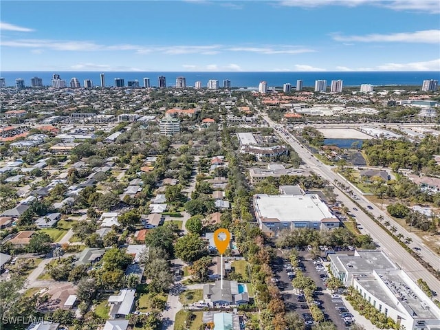 bird's eye view with a water view